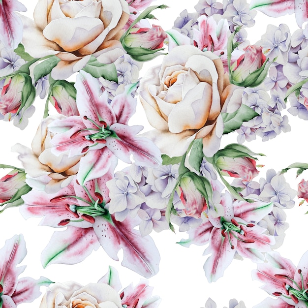 Bright seamless pattern with flowers. Watercolor illustration. Hand drawn.