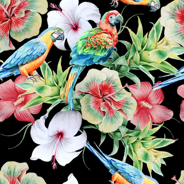 Bright seamless pattern with parrots and flowers. Hibiscus. Bromeliad. Watercolor illustration. Hand drawn.