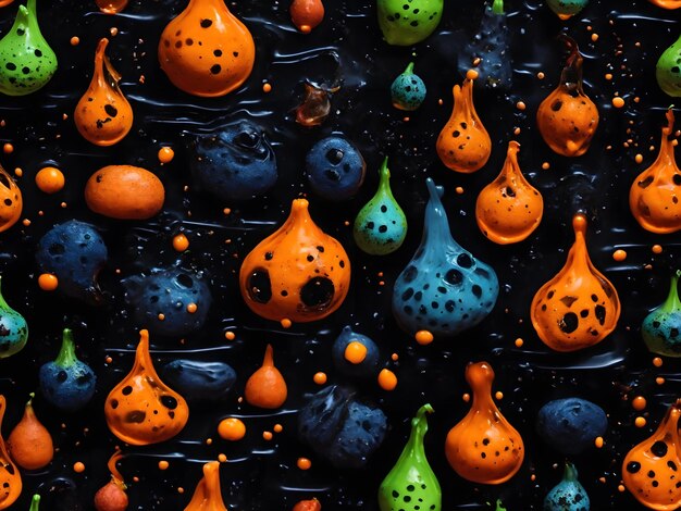 Photo bright seamless pattern with spots of potions or alien slime on a black background for halloween