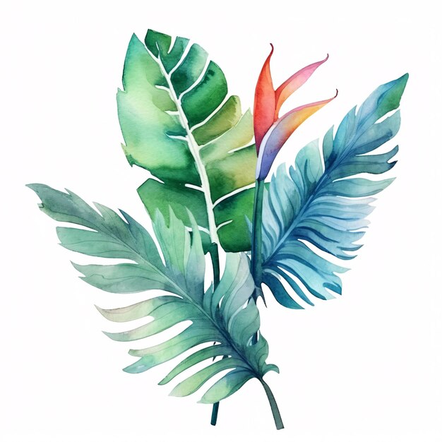 Photo bright set of tropical leaves generative ai watercolor