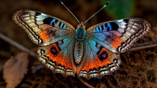Яркие оттенки крыльев бабочки на фоне сухих листьев сгенерированы AI