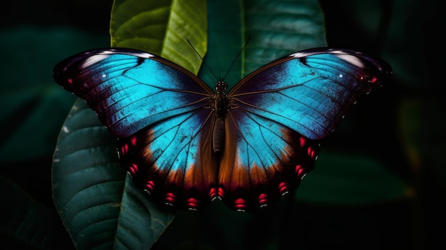 AI가 생성한 마른 잎의 배경에 있는 나비 날개의 밝은 음영