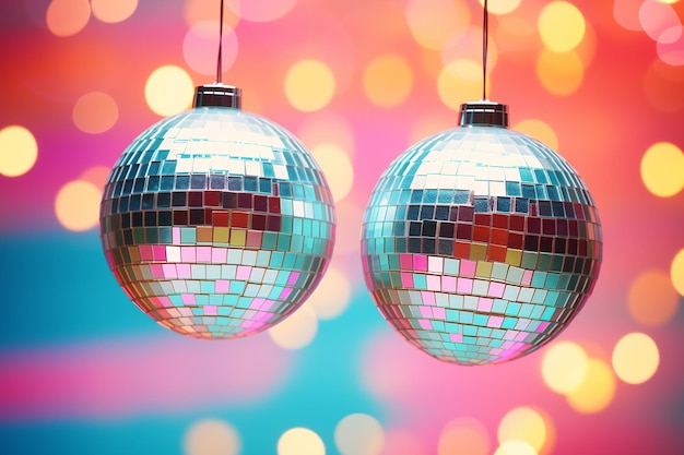bright shiny disco balls on color background
