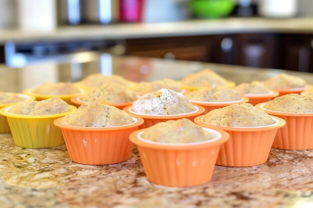 Bright silicone molds filled with glutenfree muffin mixture on a countertop