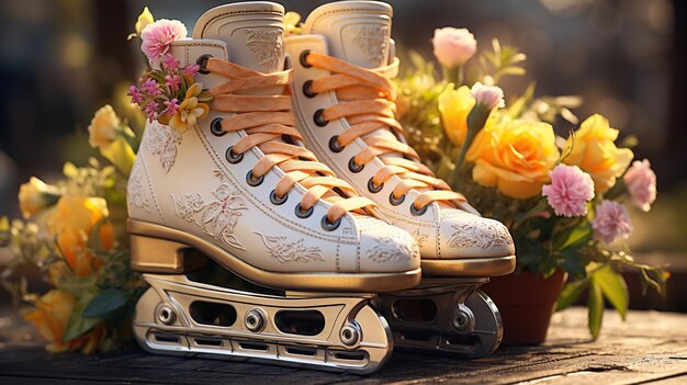 Bright skates on the podium with flowers inside generative ai