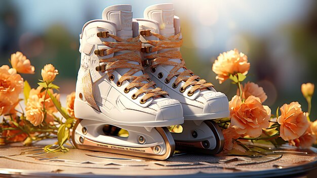 Bright skates on the podium with flowers inside generative ai