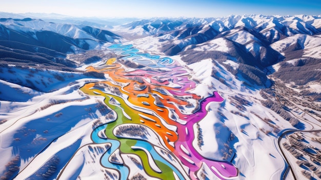 Bright ski trails on snowy mountains