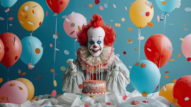 A bright smiling clown with a cake on a background of bright balloons