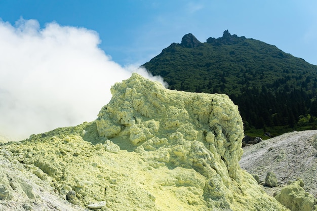 写真 メンデレーエフ火山の頂上を背景に、硫黄堆積物を伴う明るい噴気孔