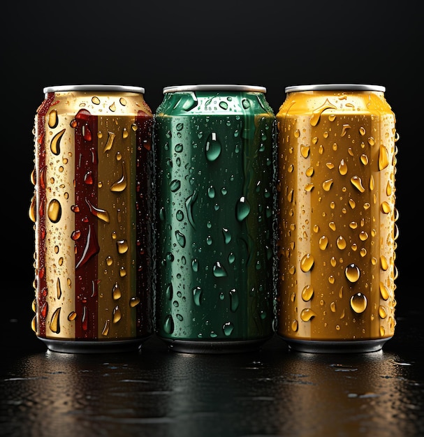 Bright soda cans with condensation on a dark background ideal for advertising and marketing