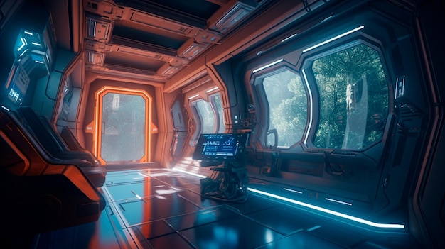Bright spaceship interior with a view out a dark window Generative AI illustrator