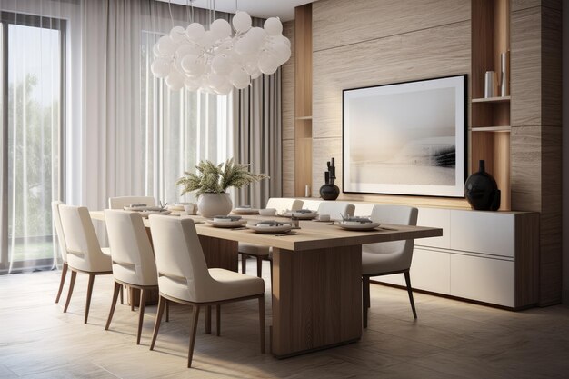 Bright spacious dining room with wooden big table ai generative