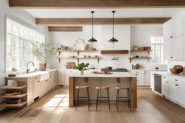 Bright Spacious and Modern Farmhouse Style Kitchen Created with Generative AI