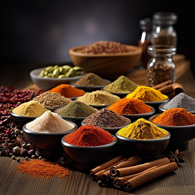 Bright spice background top view collection seasoning and herbs of indian food