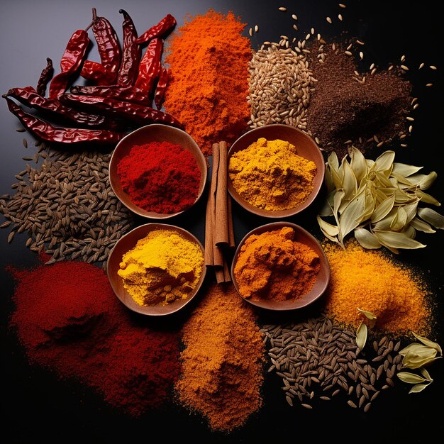 Bright spice background top view Collection seasoning and herbs of Indian food