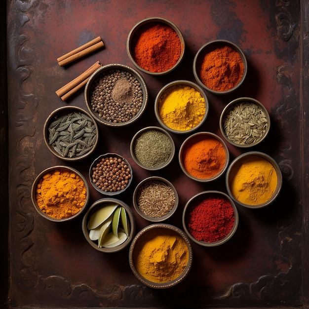 Bright spice background top view Collection seasoning and herbs of Indian food