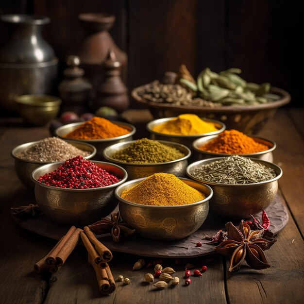 Bright spice background top view Collection seasoning and herbs of Indian food