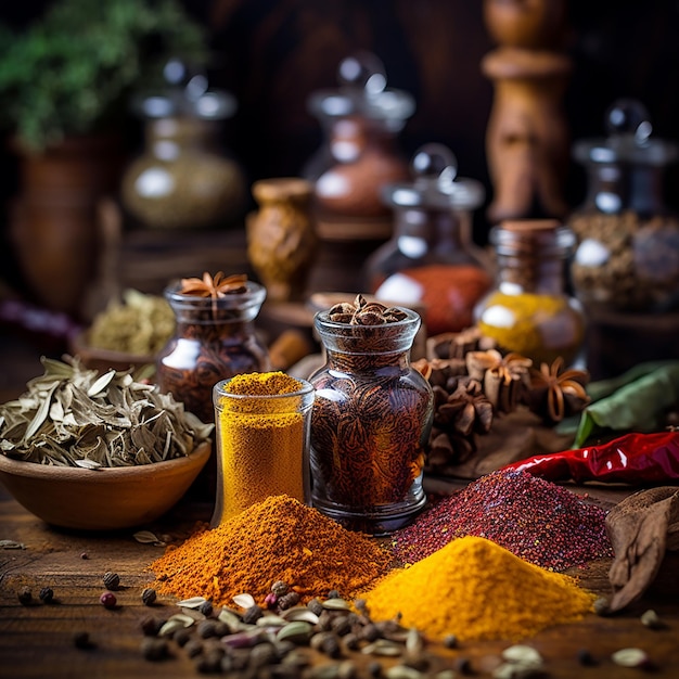 Bright spice background top view Collection seasoning and herbs of Indian food