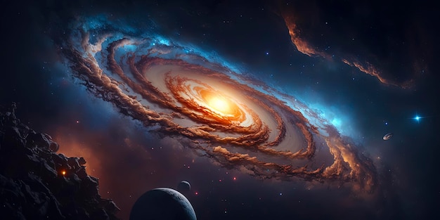 Яркая спиральная галактика со звездами в космосе Galaxy Andromeda scifi высококачественные космические обои AIGenerated