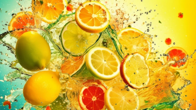 A bright splash of water with slices of lemon and lime and oranges ai generated