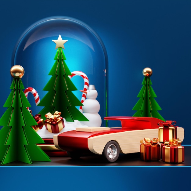 A bright sports car model, a New Year's gift for a child, green Christmas trees, many gifts are scattered around. New Year's fabulous atmosphere
