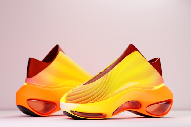Яркие спортивные унисекс кроссовки на желтом холсте с высокими желтыми подошвами 3d иллюстрация