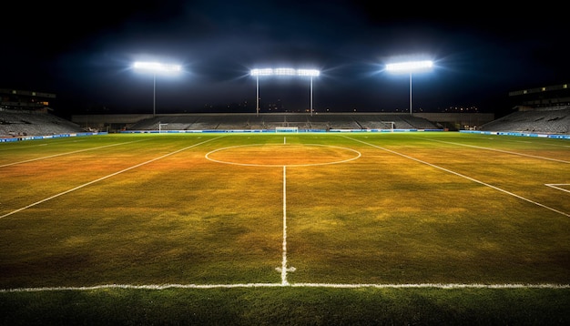 Яркий прожектор освещает пустое футбольное поле летней ночью, сгенерированное искусственным интеллектом