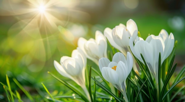 Bright spring sunshine bathes elegant white crocuses and vivid yellow daffodils emerging amidst verdant grass symbolizing the vibrant reawakening of nature