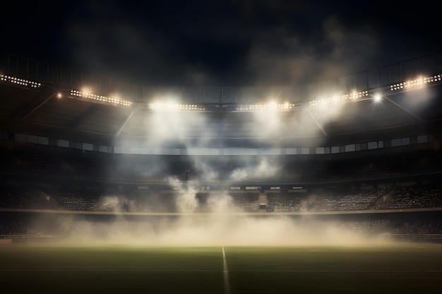 Bright stadium arena lights stadium lights and smoke against dark night