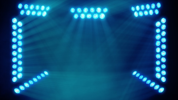 Photo bright stage lights flashing in blue color place for your text copy space