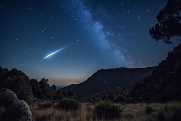 A bright star is visible in the sky above a mountain range.