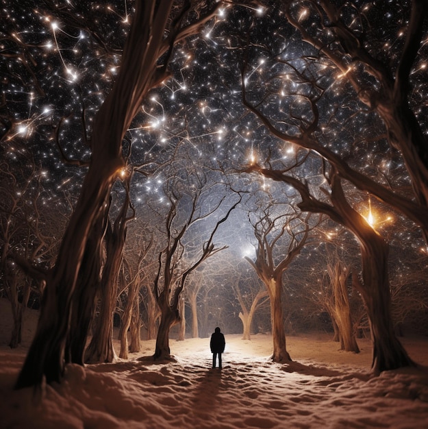 Bright stars among the trees and winter Ai Artificial Intelligence technology concept