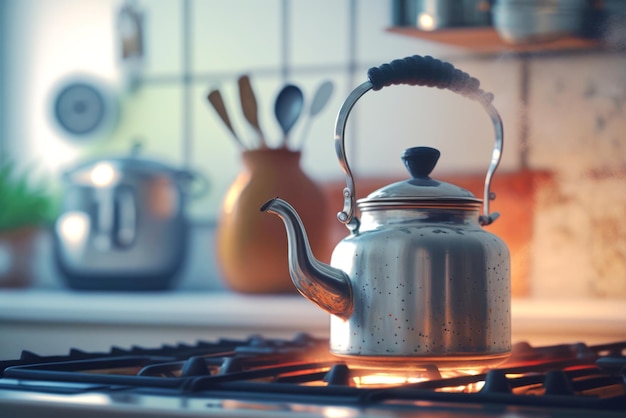 明るい湯気の立つやかんがキッチンのカウンターの上に立ち、新鮮な熱いお茶を淹れる準備ができています