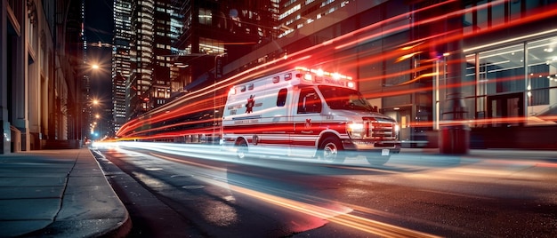 Яркие полосы огней скорой помощи рисуют ночь, когда она бежит по городской улице на фотографии с длинной экспозицией