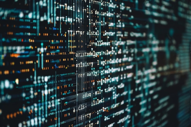 bright streams of code illuminate a dark environment showcasing the complexity of computer programming and data processing in a technologydriven workspace
