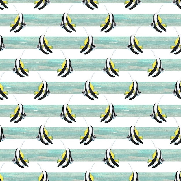 Bright striped blackandwhite with yellow triangular tropical fish on a background of horizontal blue stripes Watercolor illustration Seamless pattern from a set of TROPICAL FISH