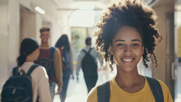 Photo bright student smiling in the hallway embodying youthful confidence and optimism