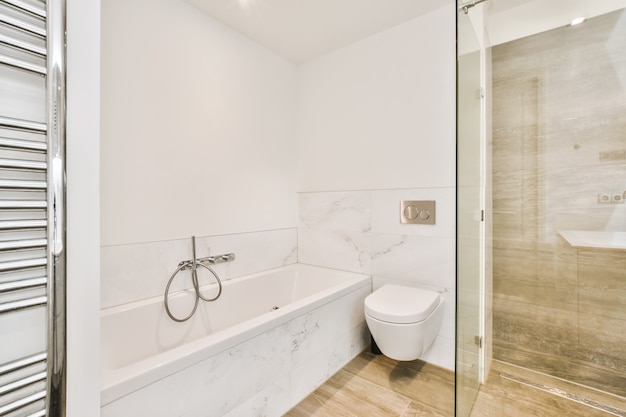 Bright and stylish bathroom with luxury bathtub