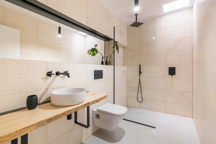 Bright stylish spacious bathroom with a round sink on a wooden countertop a toilet and a shower the