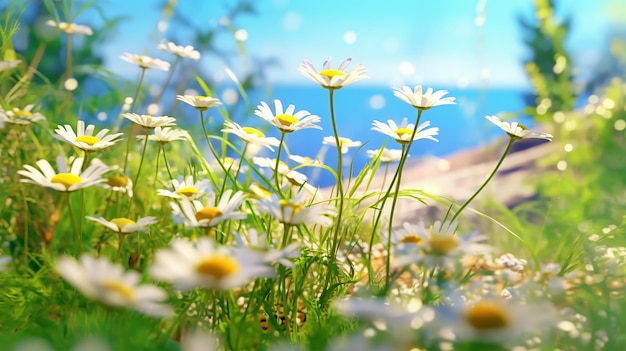 明るい夏の草の繊細な小さな野生の流れ