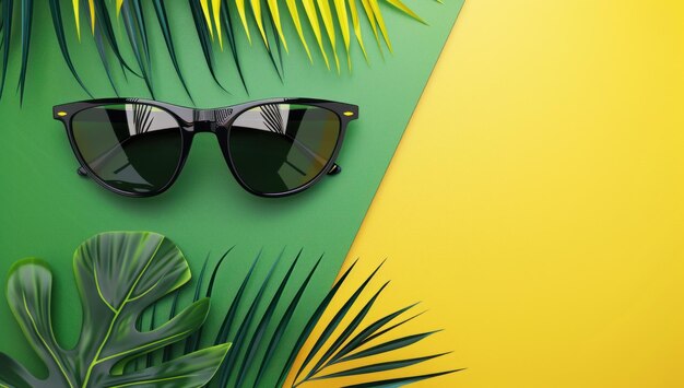 Photo bright summer vibes white daisy sunglasses and tropical leaves on green and yellow background