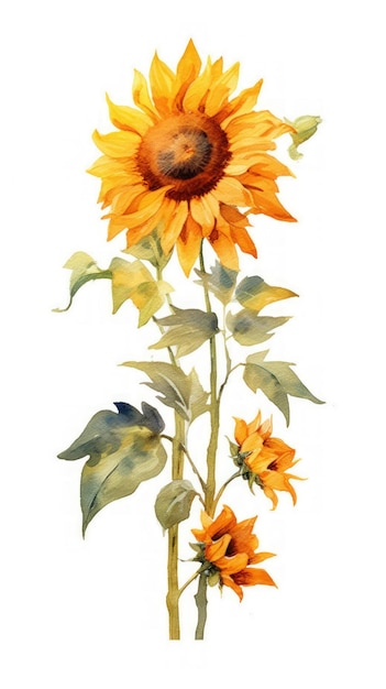 Bright Sunflower Bouquet in Modern Watercolor Style Isolated on White Background Generative AI