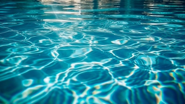 Bright sunlight reflections on blue water surface in swimming pool background generative ai