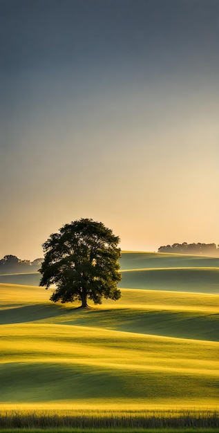 Bright sunlight over serene landscape minimalistic scenery with single tree