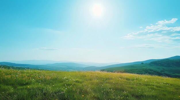 Photo a bright sunny day with green grass hills and a blue sky
