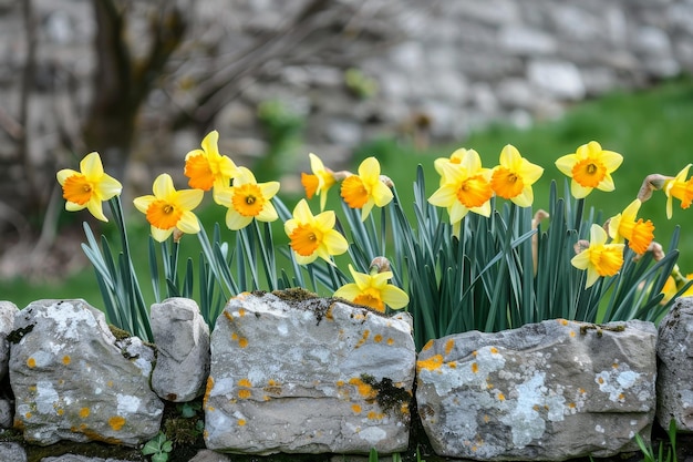 The Bright and Sunny Faces of Daffodils Lining Up Along an Old Wall Welcoming Spring