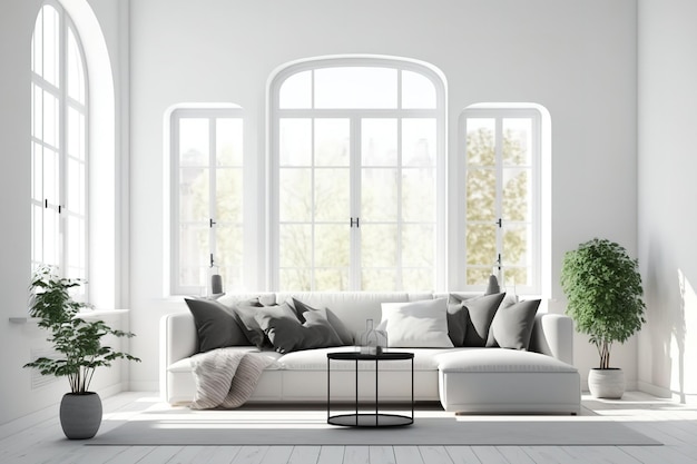 Яркий солнечный интерьер гостиной с белой пустой стеной, панорамным окном, удобным диваном и уютной современной мебелью, скандинавский минималистский дизайн, современное оформление, макет