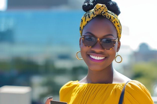 Bright and sunny portrait of a joyful African American woman in yellow attire with a headband holding a phone clear blue sky behind