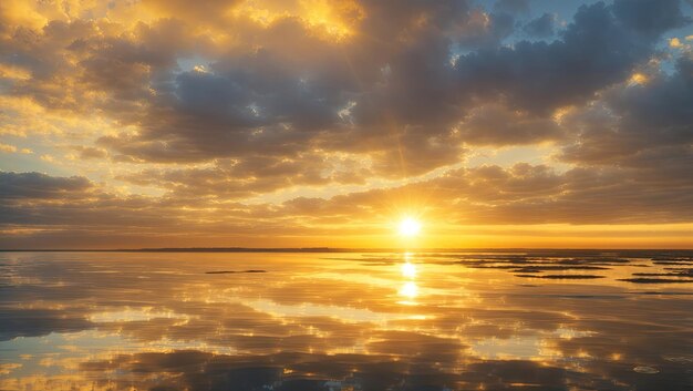 a bright sunrise over the horizon The suns rays penetrate through the clouds creating golden hues in the sky and reflecting in the water