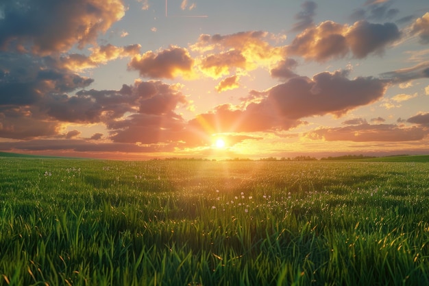 Bright sunset over green field